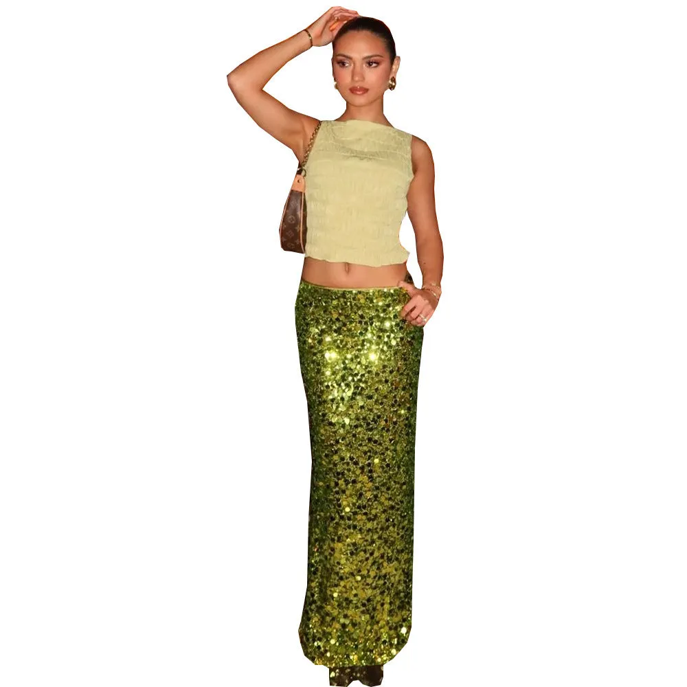 Christmas Low Rise Sequin Maxi Skirt
