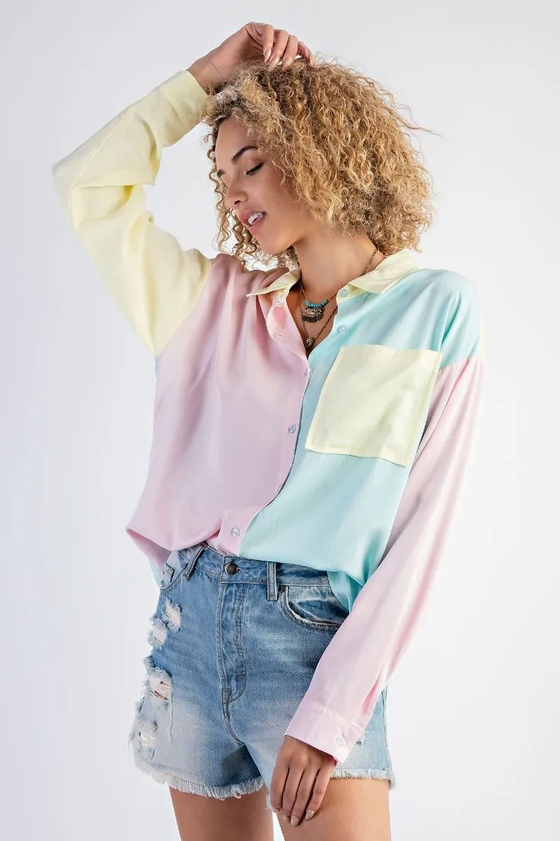 Color Block Button Down Top