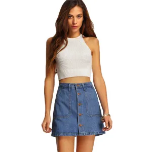 COLROVIE Famous Style Women Mini Skirts High Waist Womens Pockets Blue Single Breasted Denim A-Line Skirt