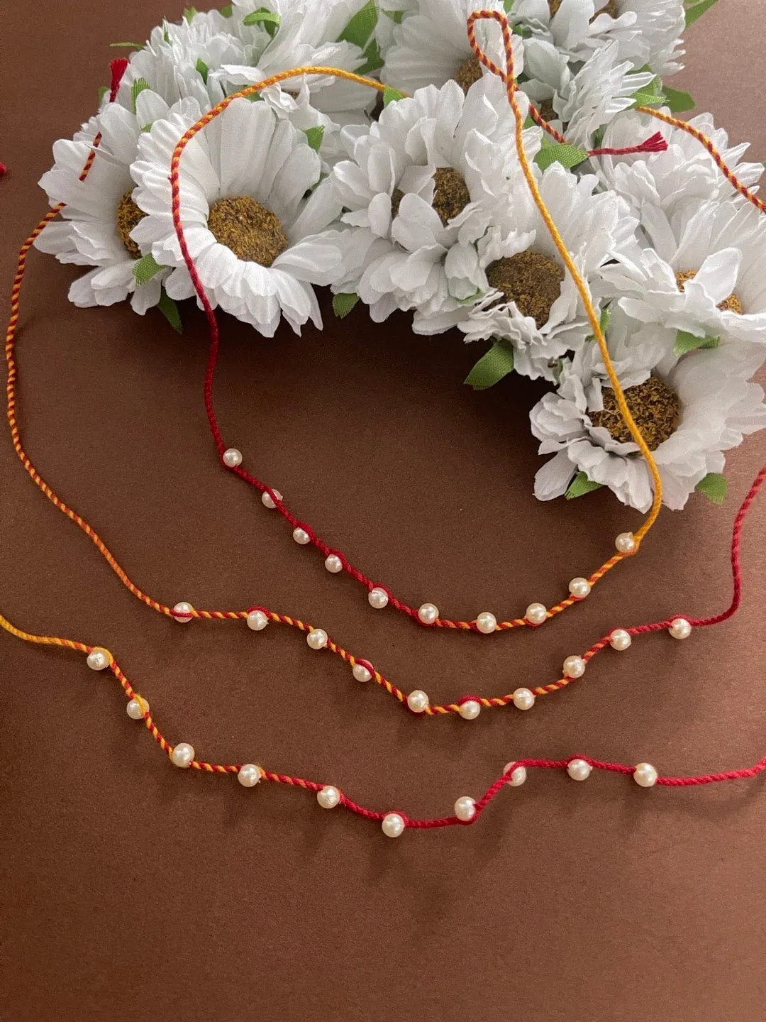 (Combo of 3) Simple Designer Rakhi Pearl Beads Mauli Rakhi Thread For Raksha Bandhan