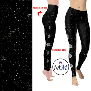 Cosmos Moon Leggings with Constellations  Real Silver Foil Glitter and Pockets