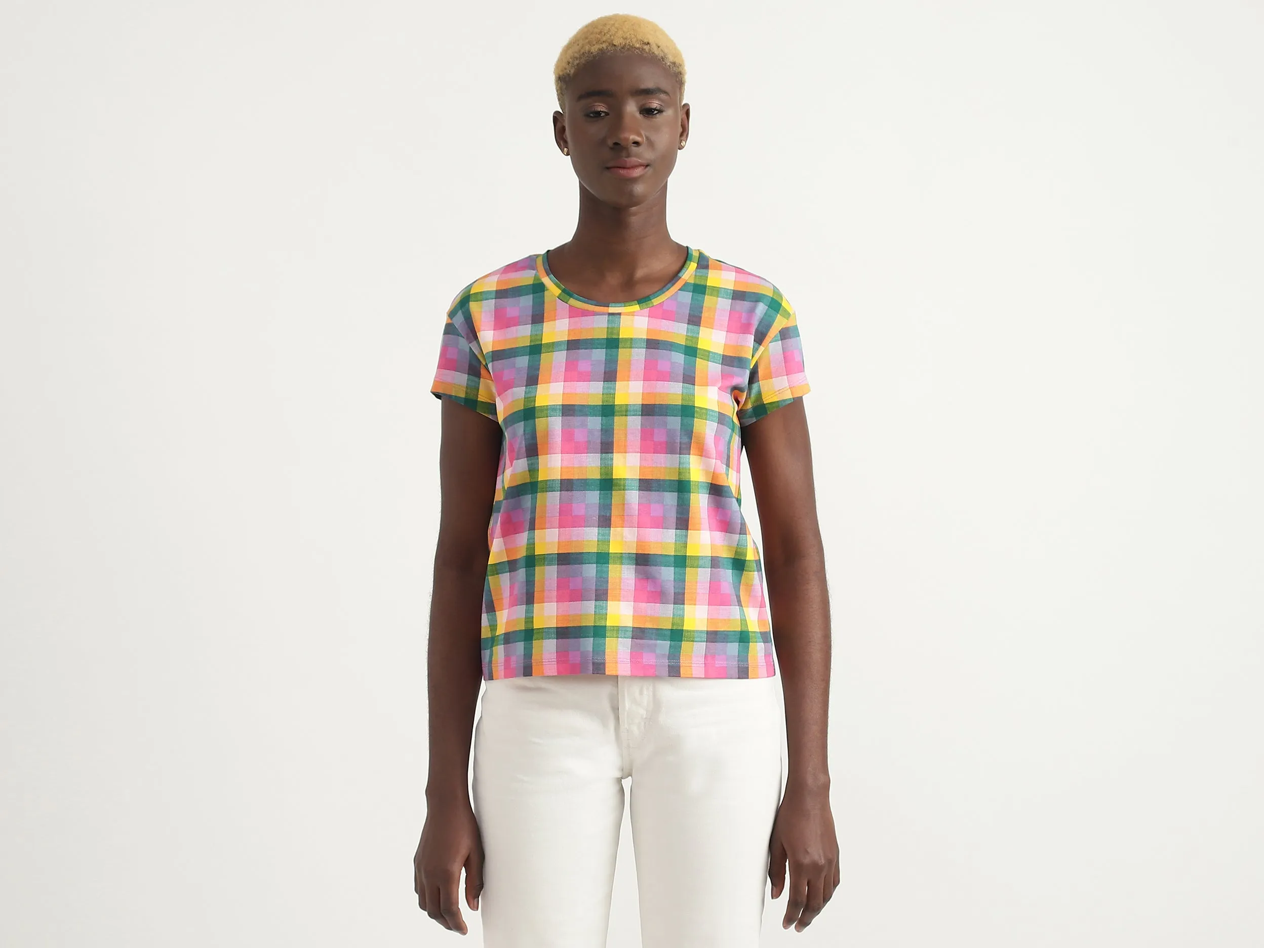Cotton Checked Round Neck Women Tops