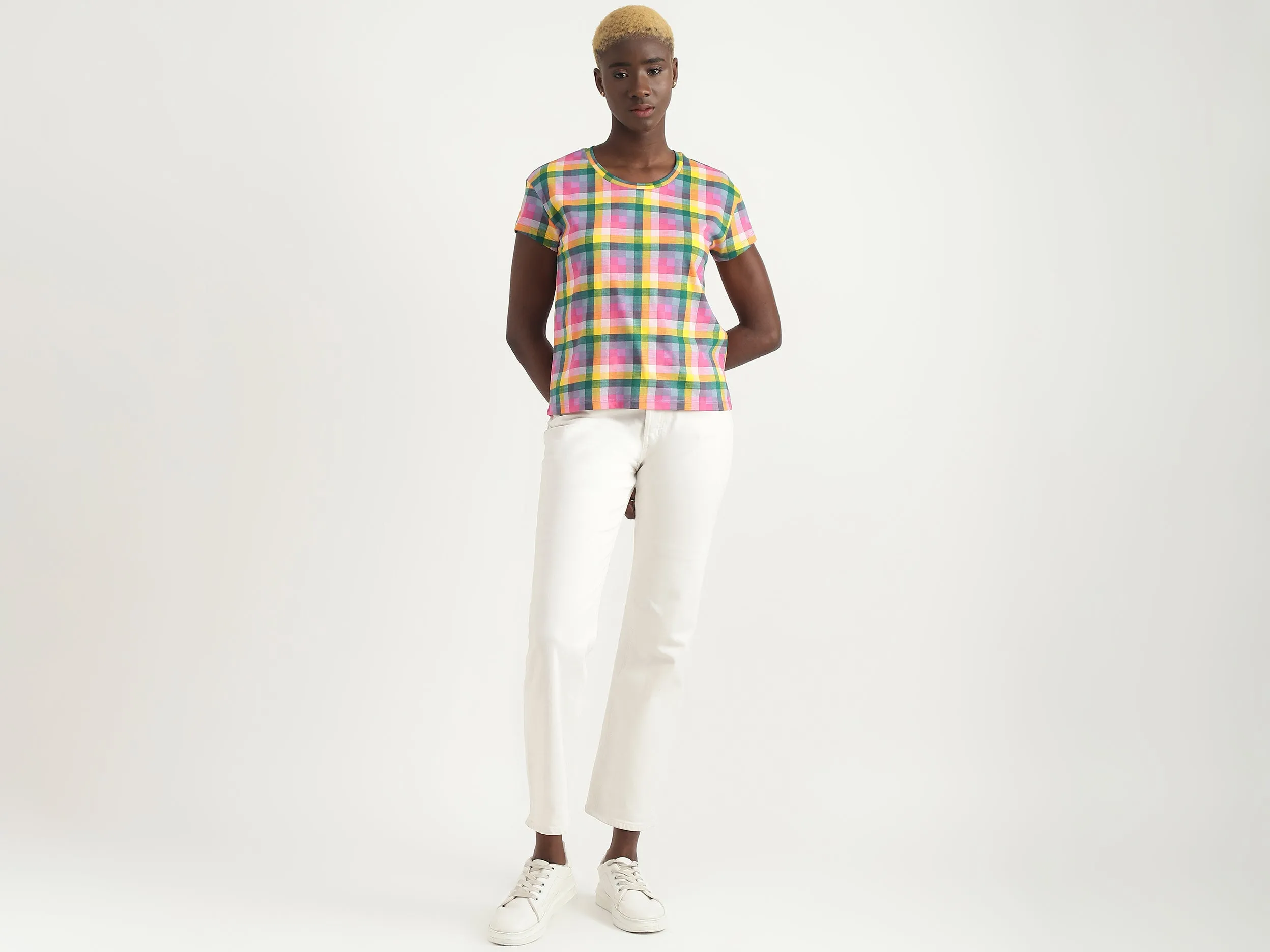 Cotton Checked Round Neck Women Tops