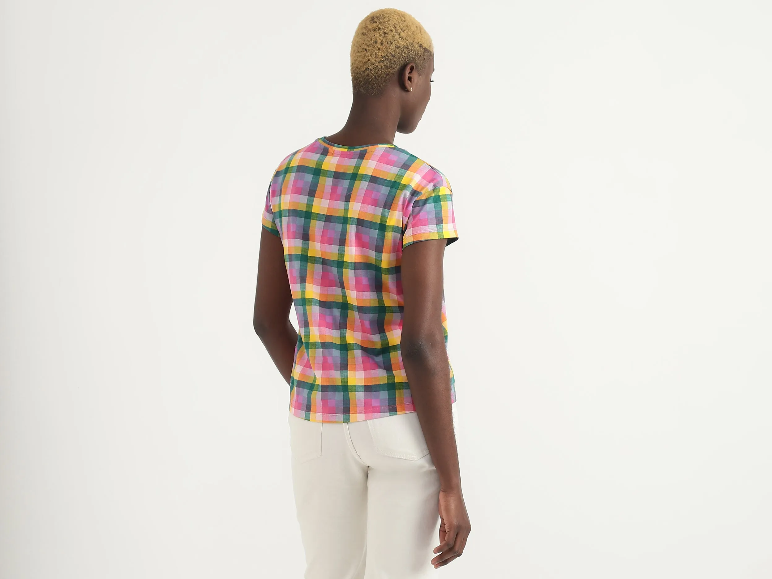 Cotton Checked Round Neck Women Tops