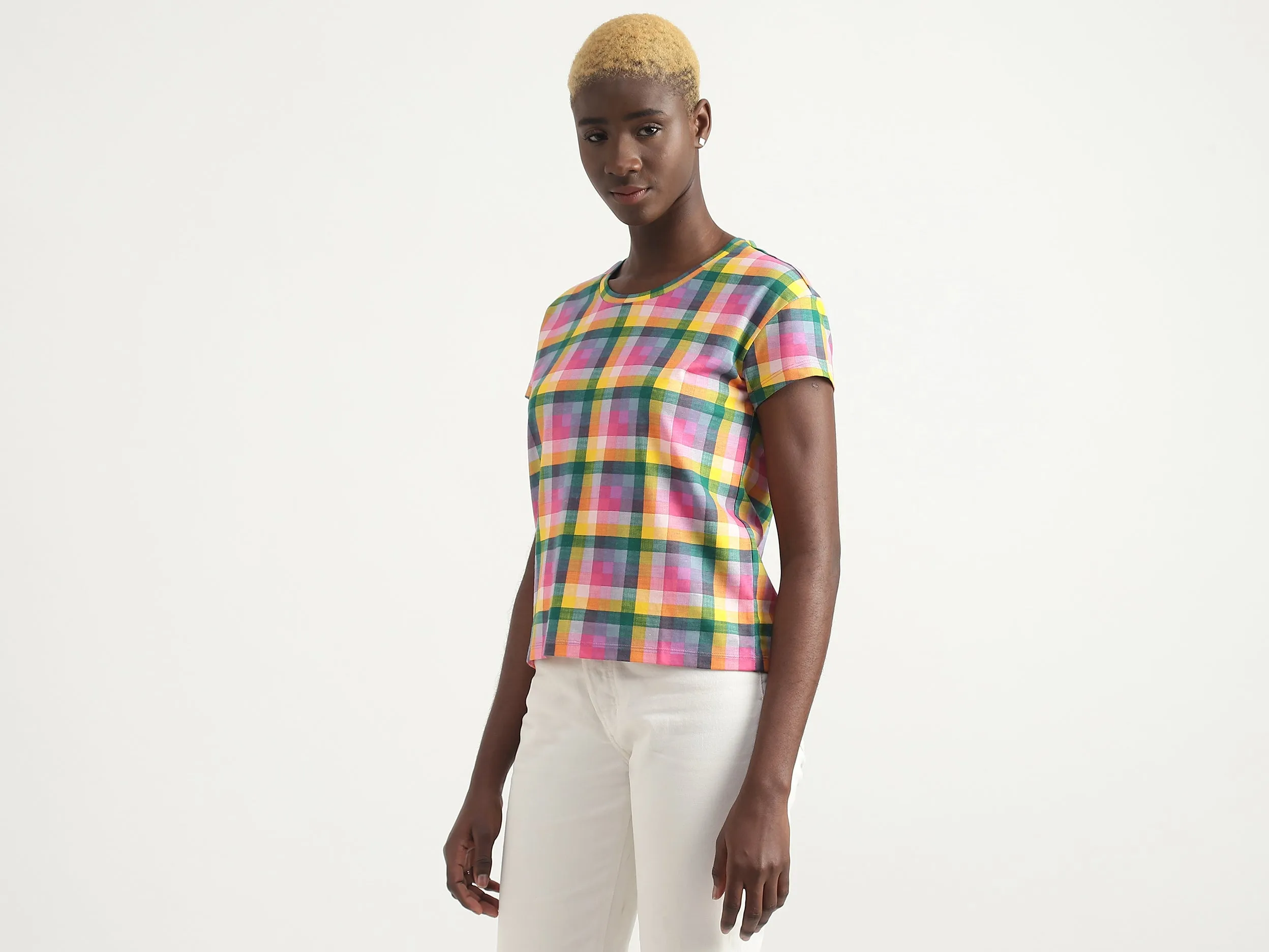 Cotton Checked Round Neck Women Tops