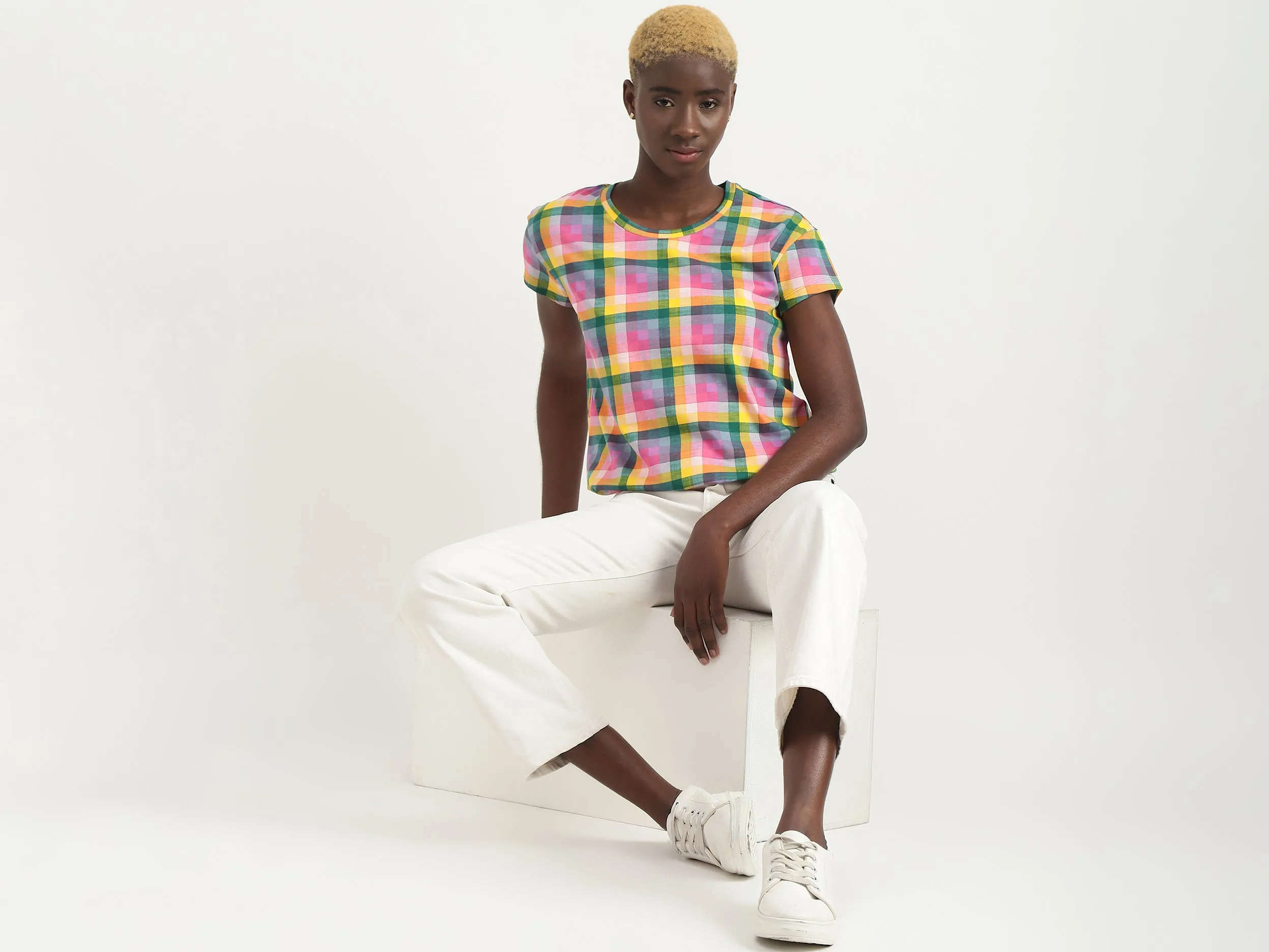 Cotton Checked Round Neck Women Tops