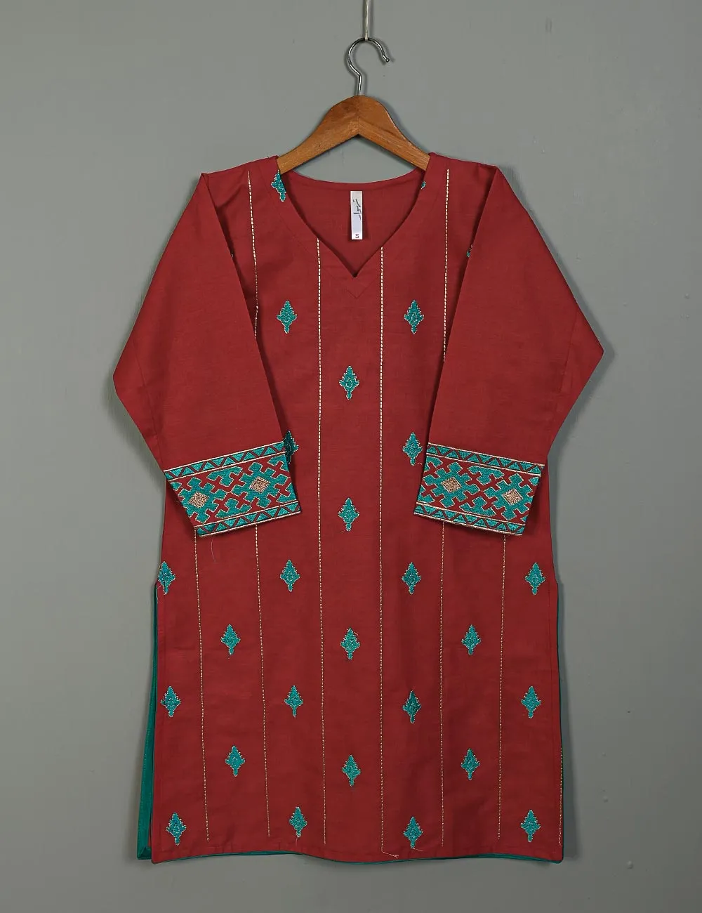 Cotton Embroidered Stitched Kurti - Retro (TS-048B-Red)