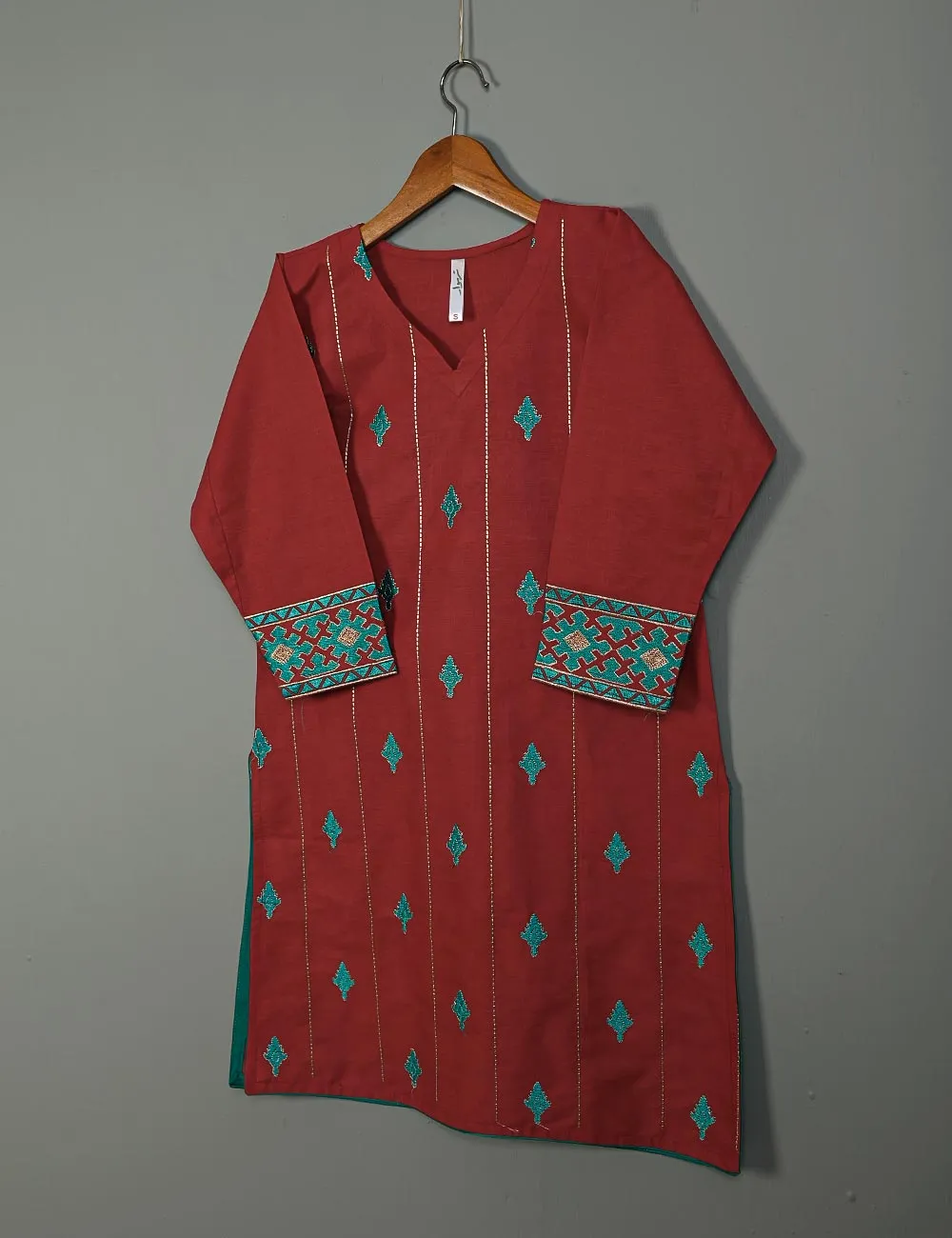 Cotton Embroidered Stitched Kurti - Retro (TS-048B-Red)