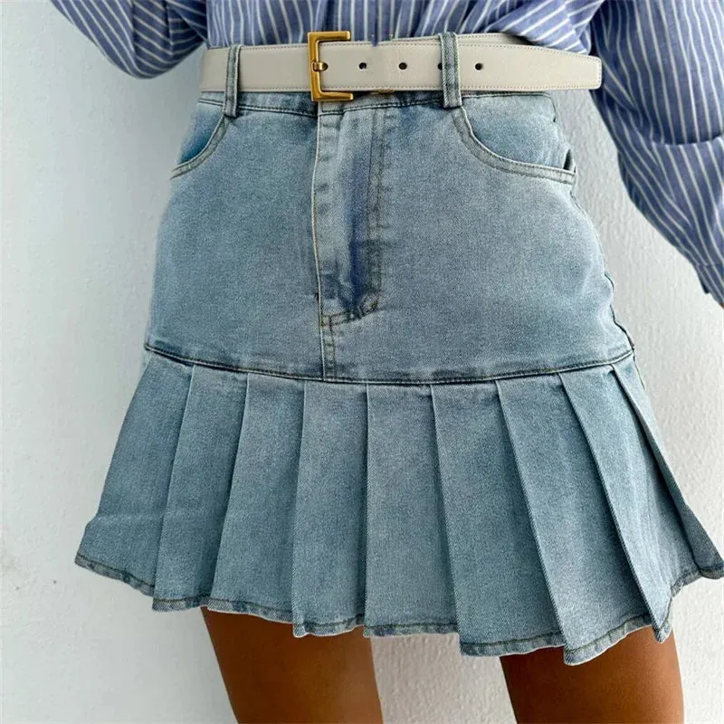 Cotton Pleated Denim Skirt