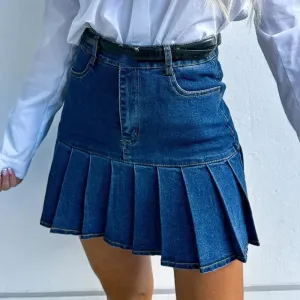 Cotton Pleated Denim Skirt