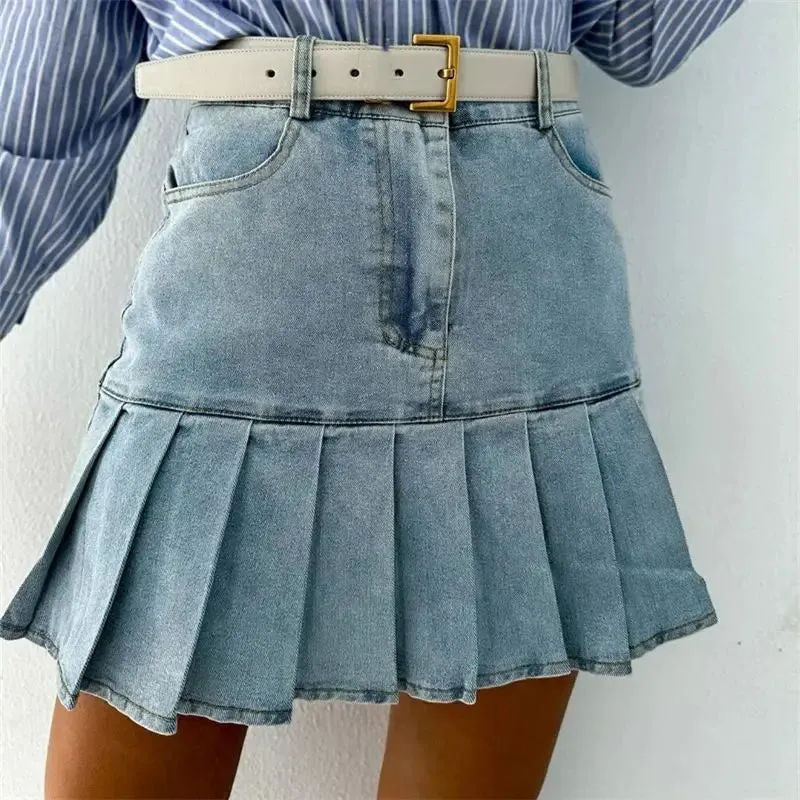 Cotton Pleated Denim Skirt