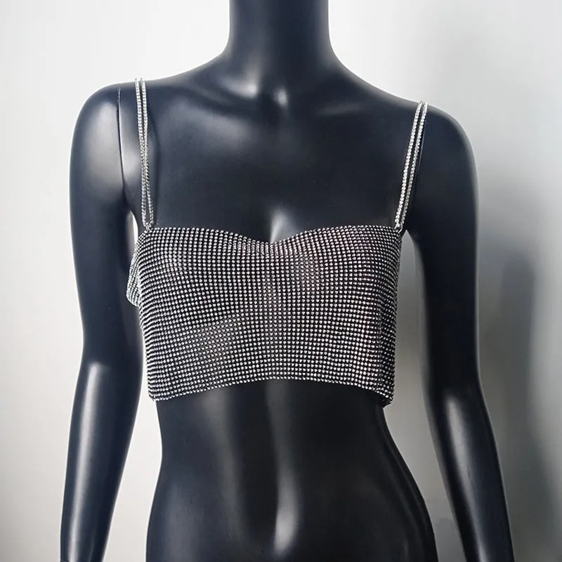 Crystal Diamond Chain Ladies Backless  Collar Nightclub Music Festival Top
