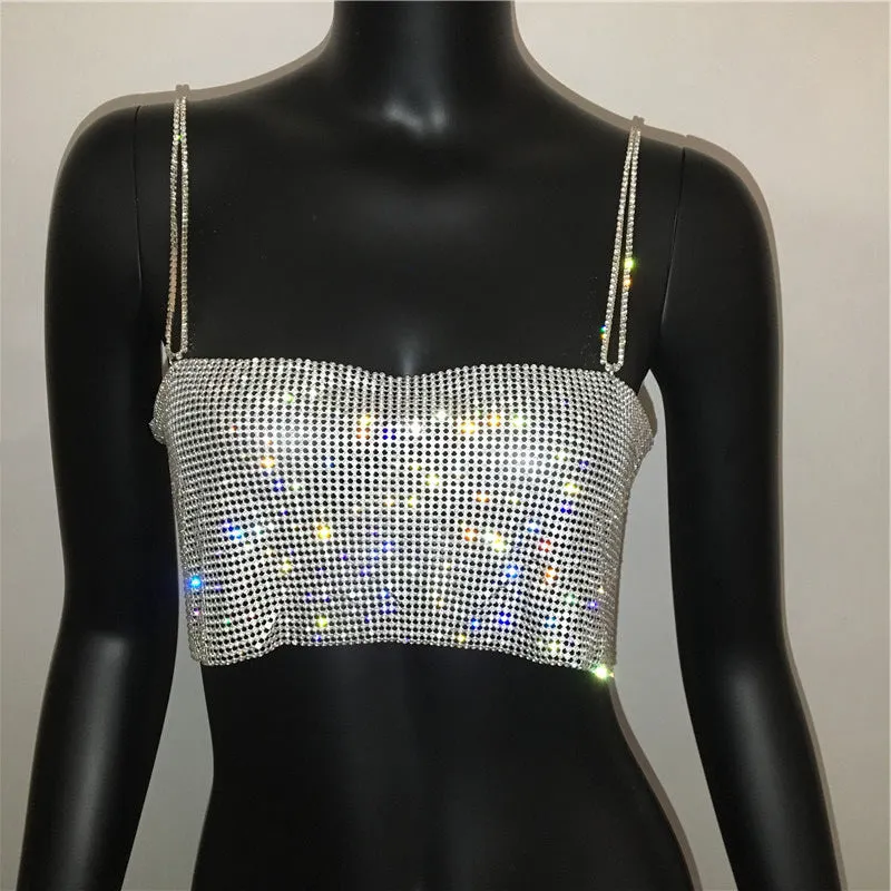 Crystal Diamond Chain Ladies Backless  Collar Nightclub Music Festival Top