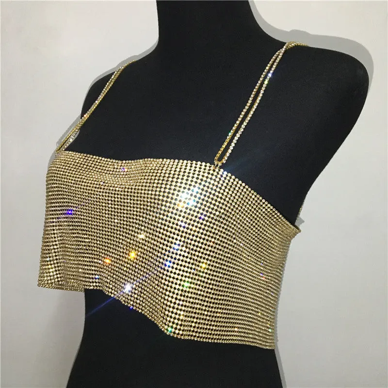 Crystal Diamond Chain Ladies Backless  Collar Nightclub Music Festival Top