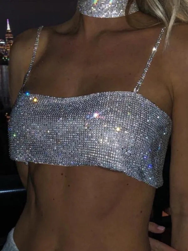 Crystal Diamond Chain Ladies Backless  Collar Nightclub Music Festival Top
