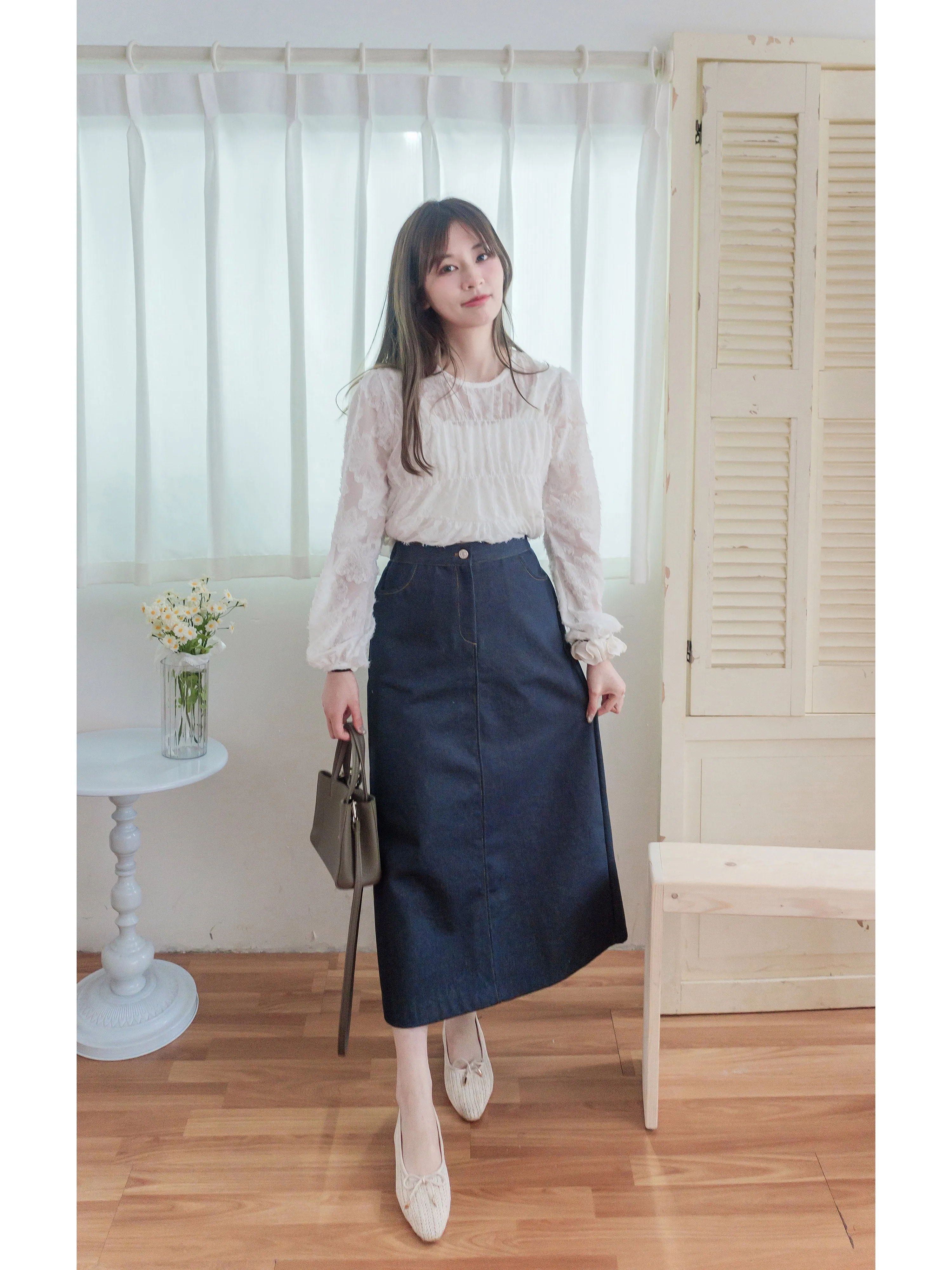 Denim Skirt 深藍色啡線條A形顯瘦牛仔裙/ SK8868 (pre-order 3月5截單)