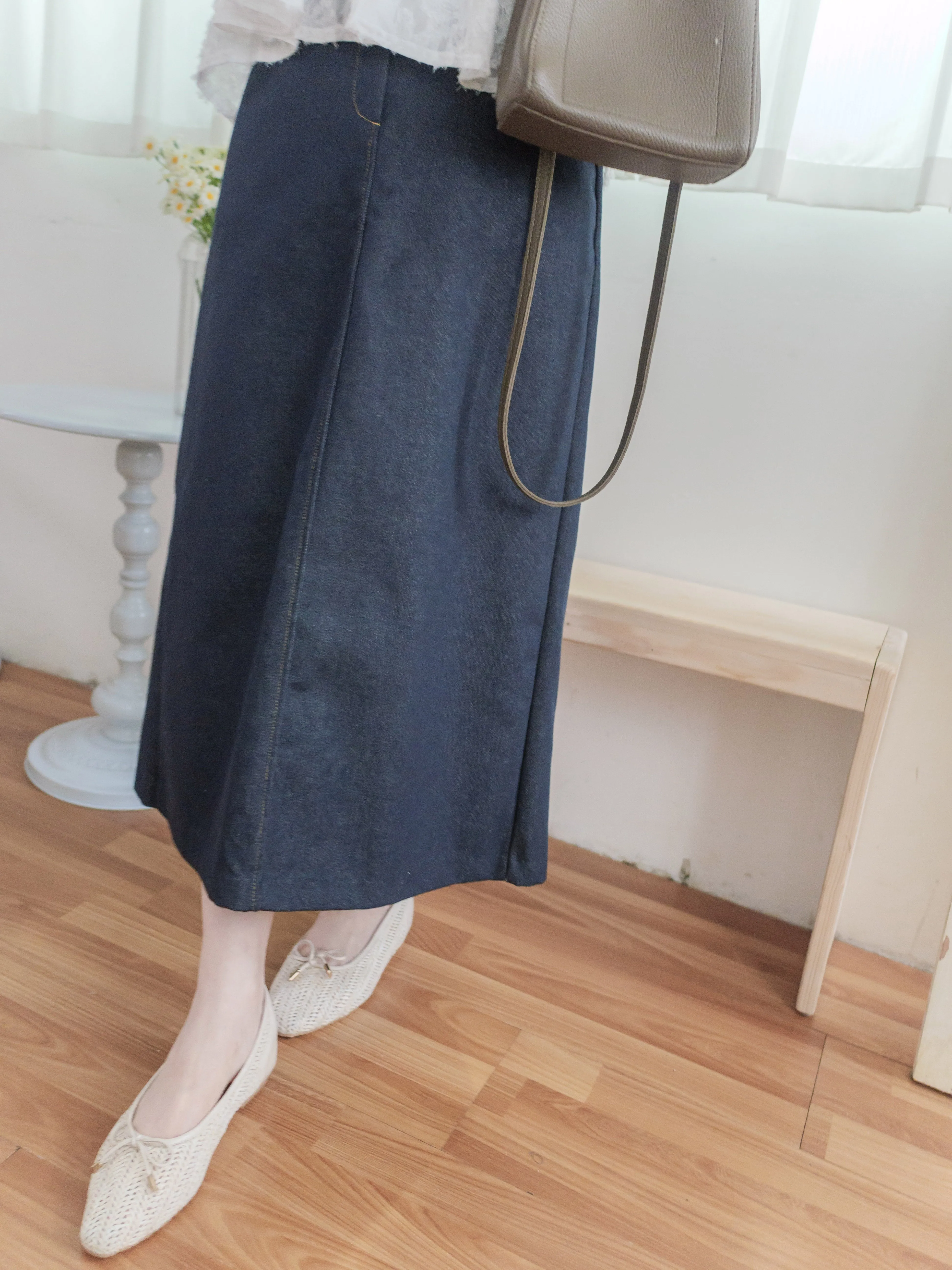 Denim Skirt 深藍色啡線條A形顯瘦牛仔裙/ SK8868 (pre-order 3月5截單)