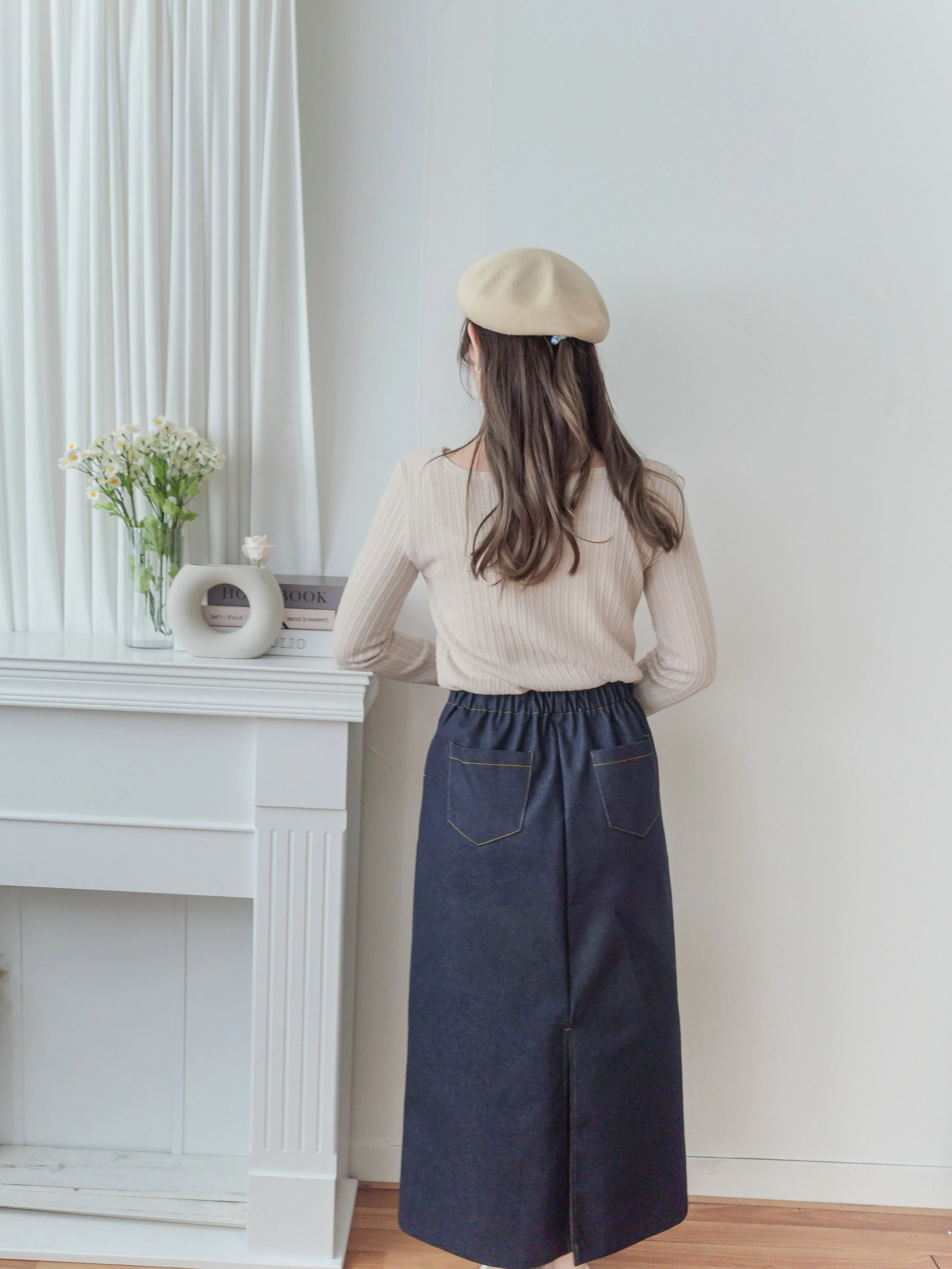 Denim Skirt 深藍色啡線條A形顯瘦牛仔裙/ SK8868 (pre-order 3月5截單)