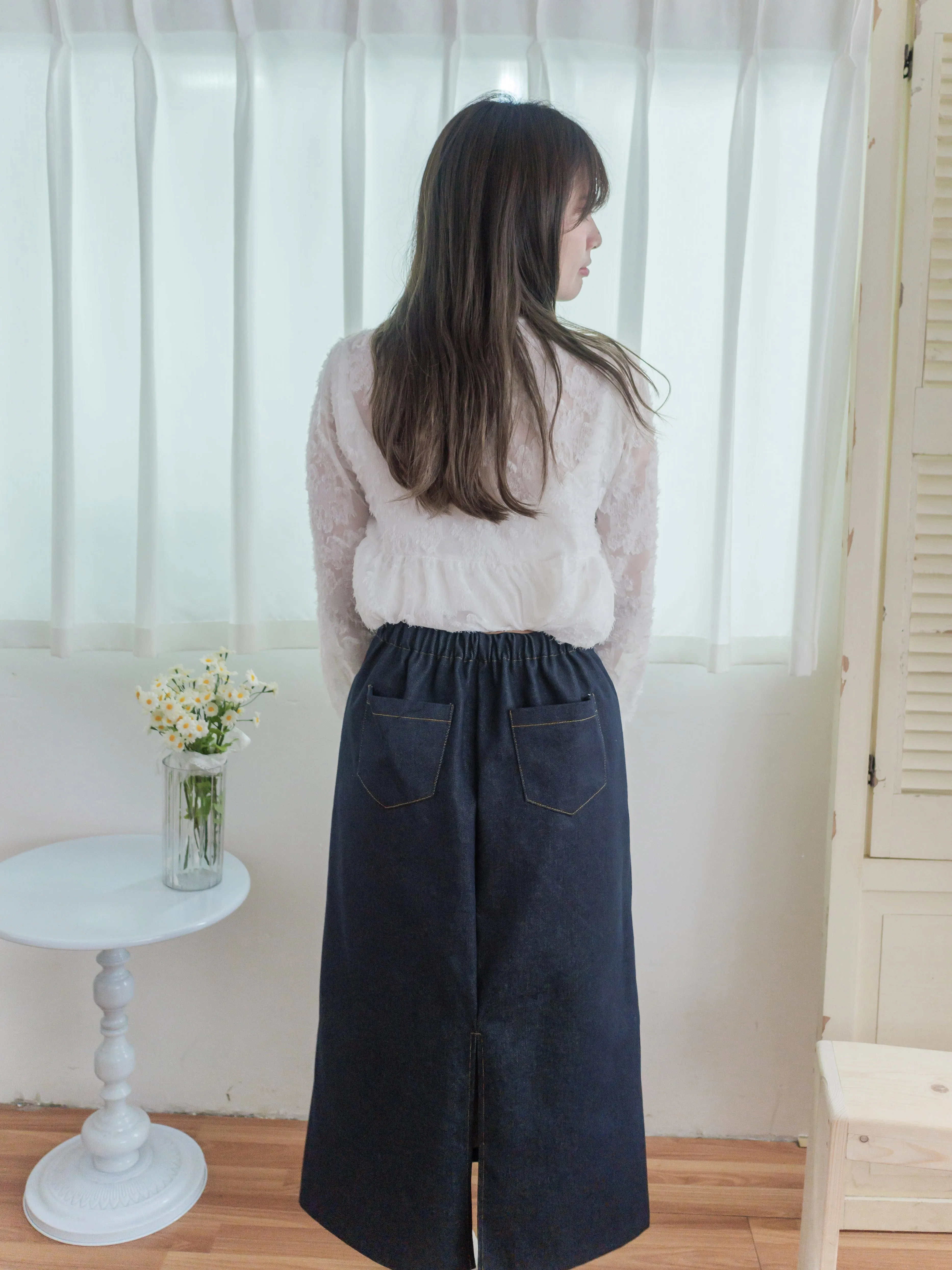 Denim Skirt 深藍色啡線條A形顯瘦牛仔裙/ SK8868 (pre-order 3月5截單)