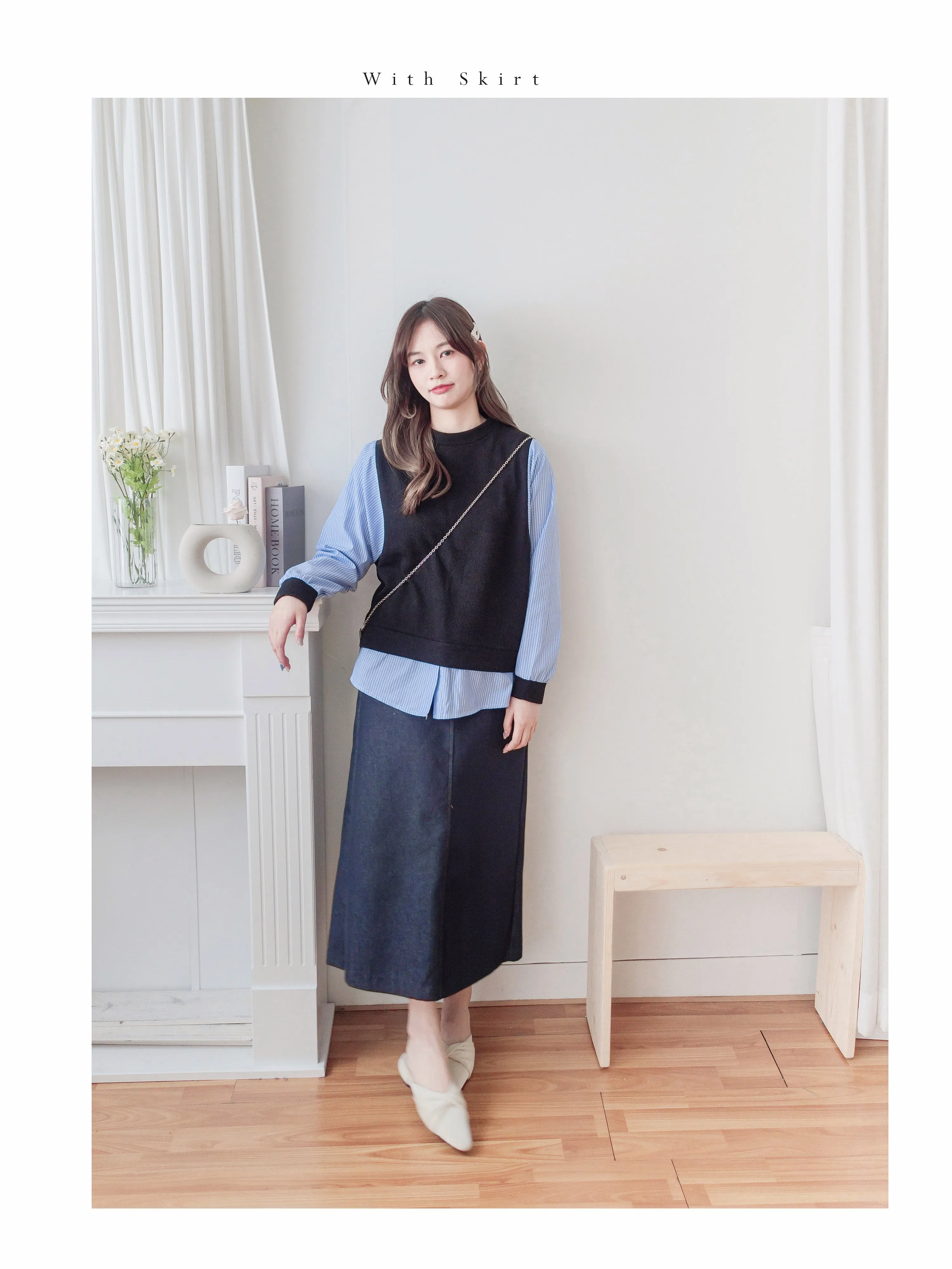 Denim Skirt 深藍色啡線條A形顯瘦牛仔裙/ SK8868 (pre-order 3月5截單)