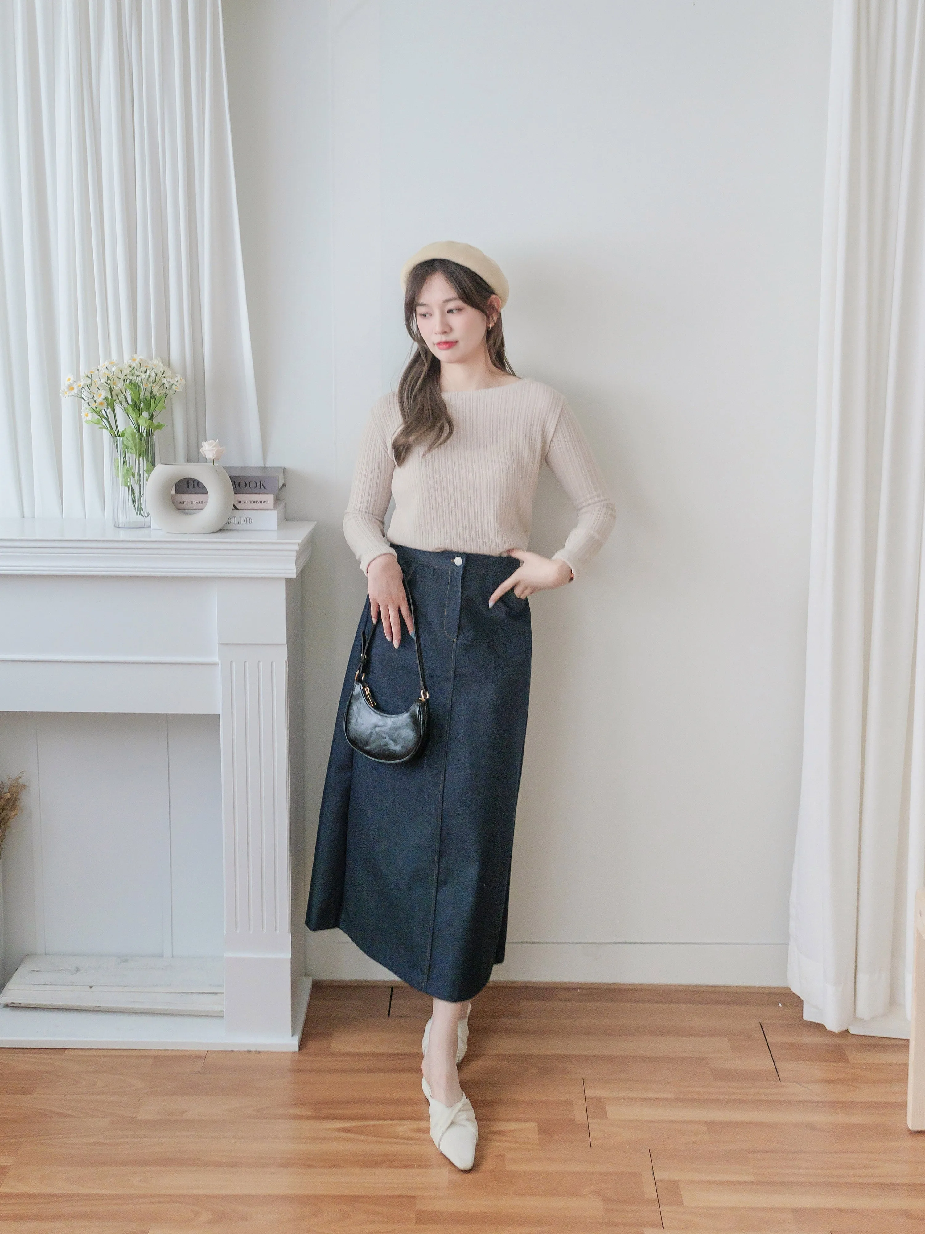 Denim Skirt 深藍色啡線條A形顯瘦牛仔裙/ SK8868 (pre-order 3月5截單)