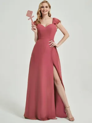 Desert Rose Ruffle Cap Sleeve Maxi Chiffon Bridesmaid Dress With Slit