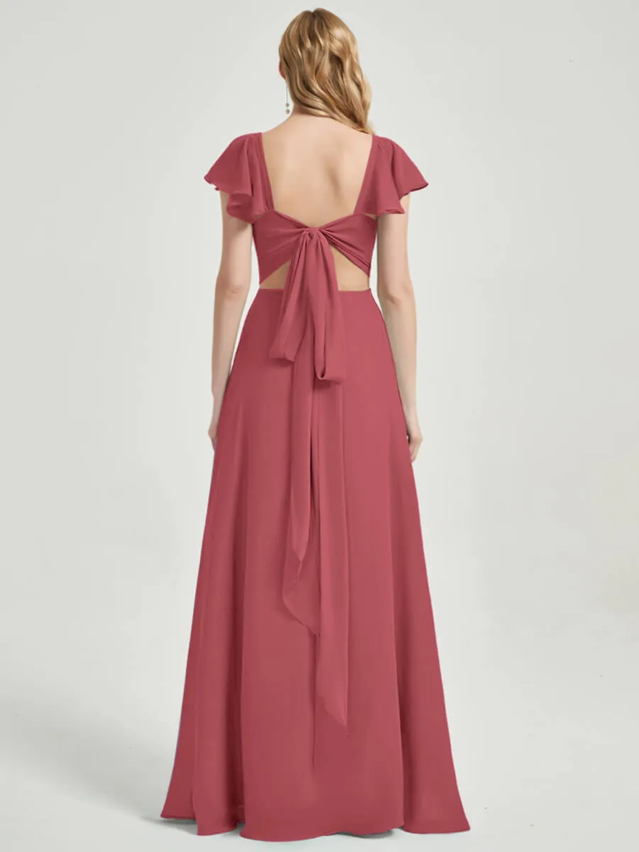 Desert Rose Ruffle Cap Sleeve Maxi Chiffon Bridesmaid Dress With Slit