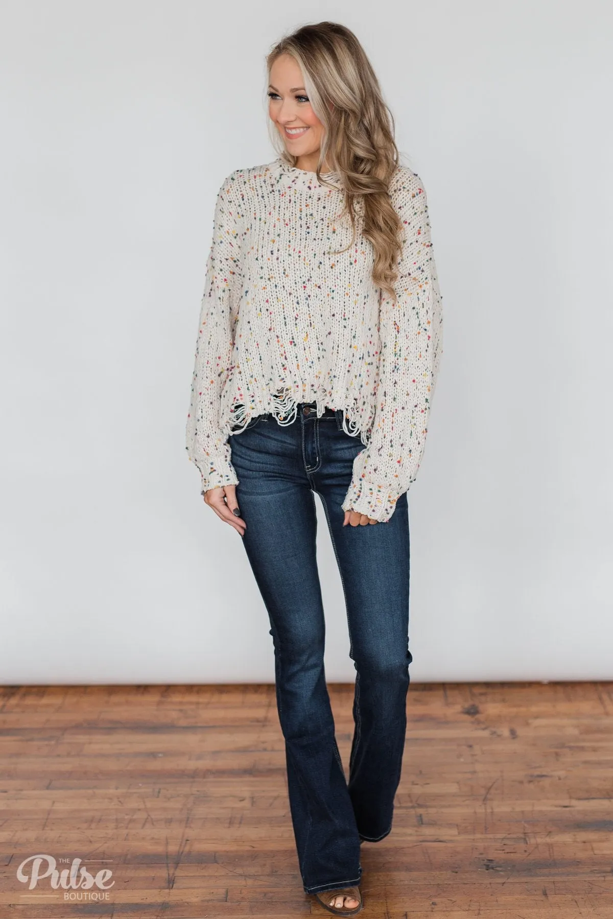 Distressed Confetti Knitted Sweater- Cream
