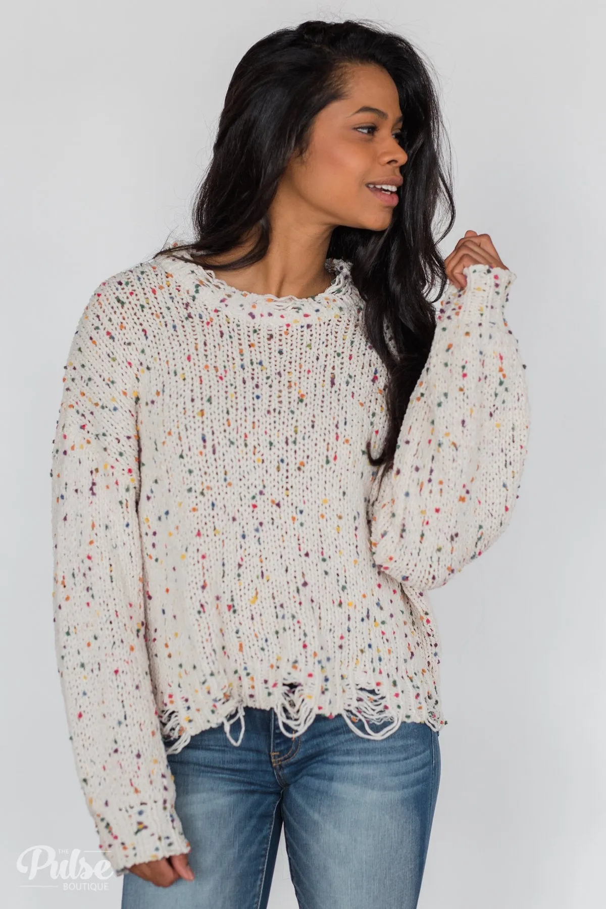 Distressed Confetti Knitted Sweater- Cream