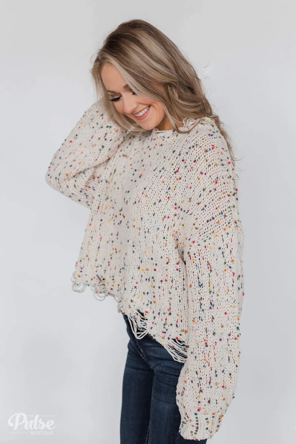 Distressed Confetti Knitted Sweater- Cream