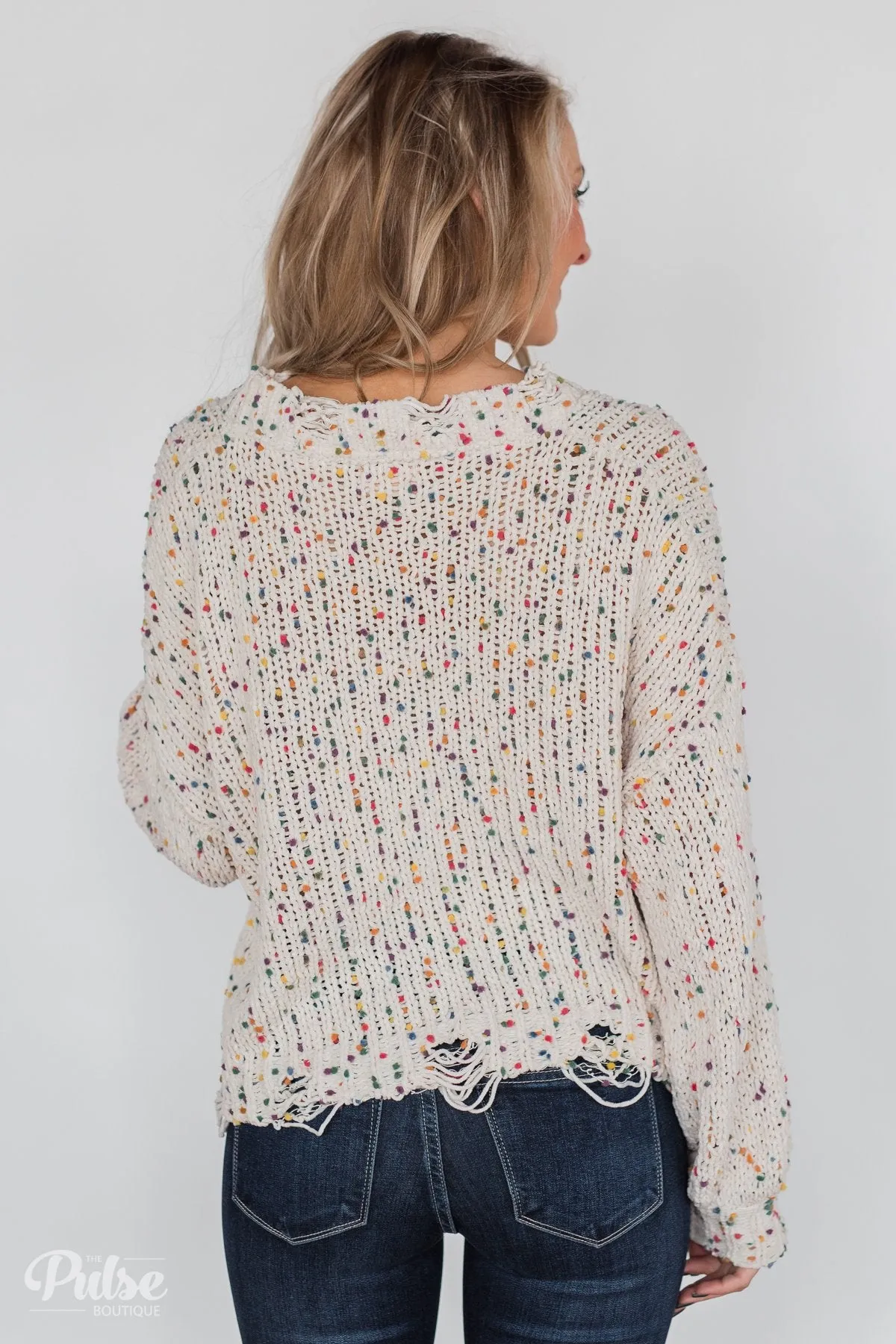 Distressed Confetti Knitted Sweater- Cream