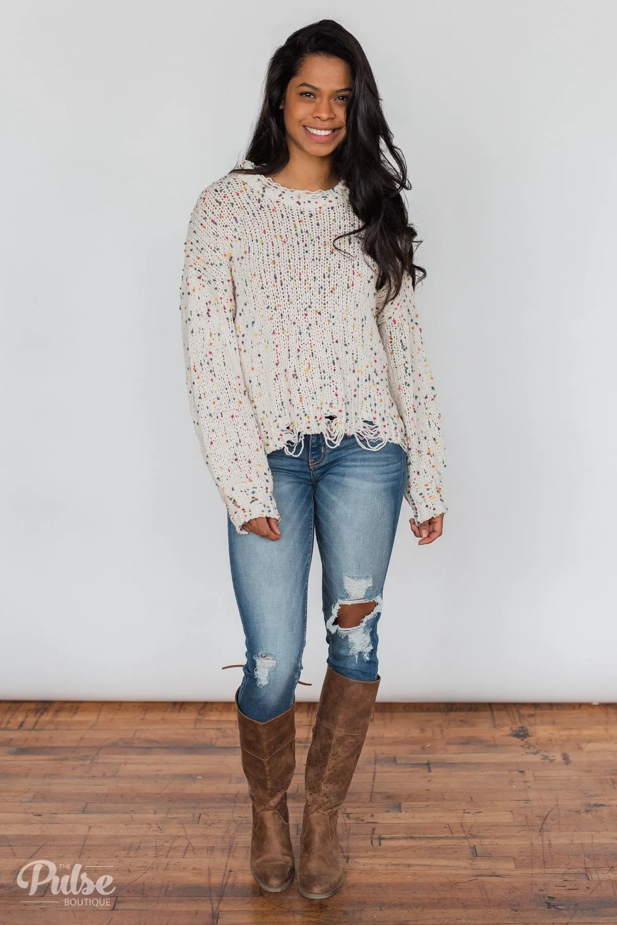Distressed Confetti Knitted Sweater- Cream