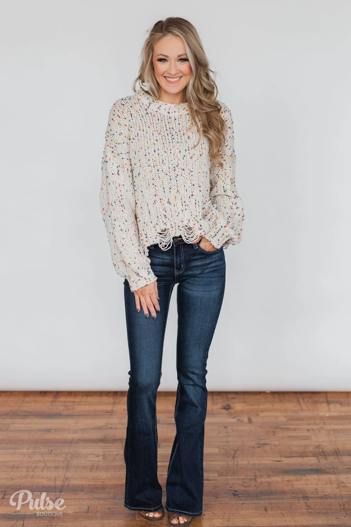 Distressed Confetti Knitted Sweater- Cream