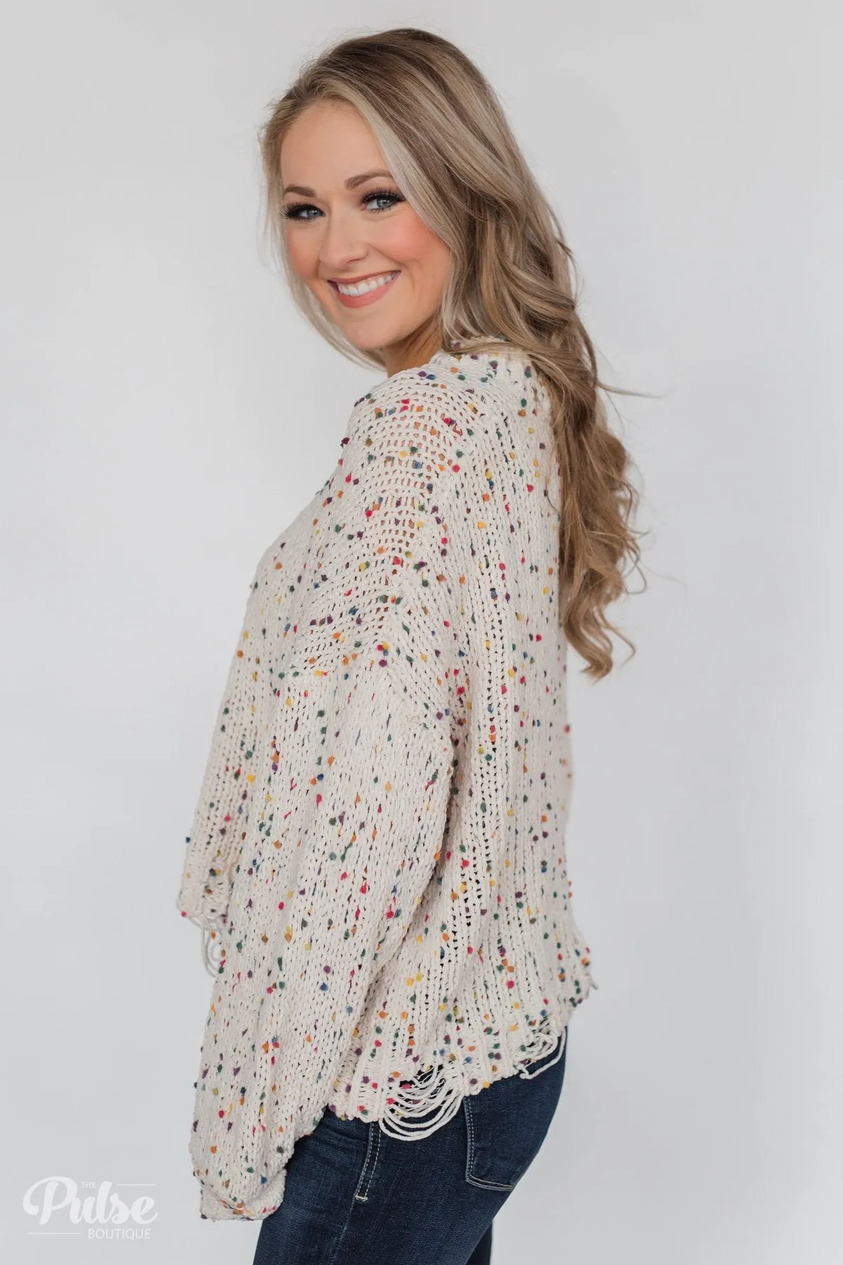 Distressed Confetti Knitted Sweater- Cream