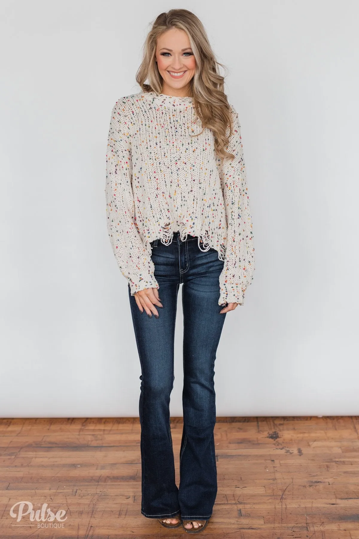 Distressed Confetti Knitted Sweater- Cream