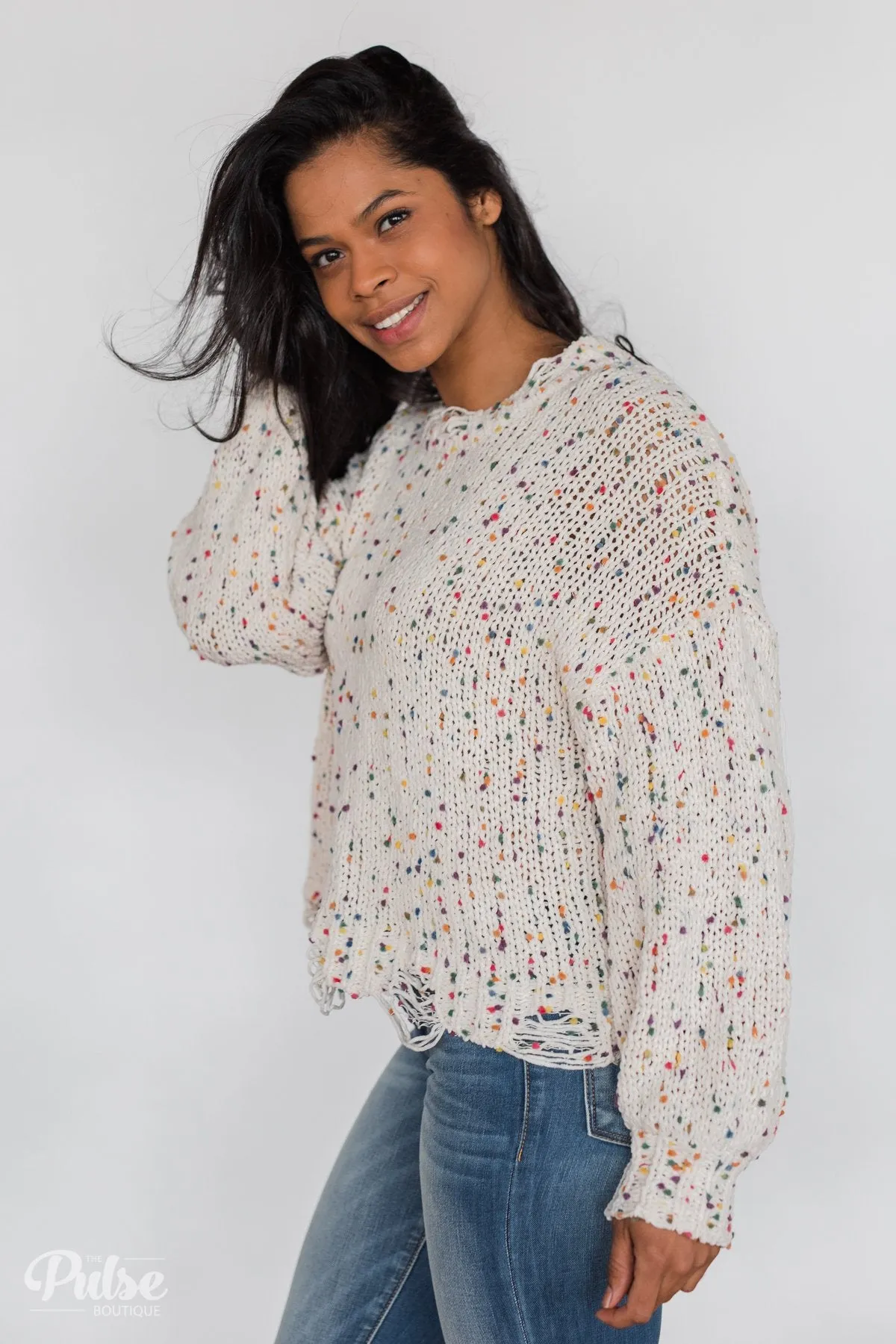 Distressed Confetti Knitted Sweater- Cream