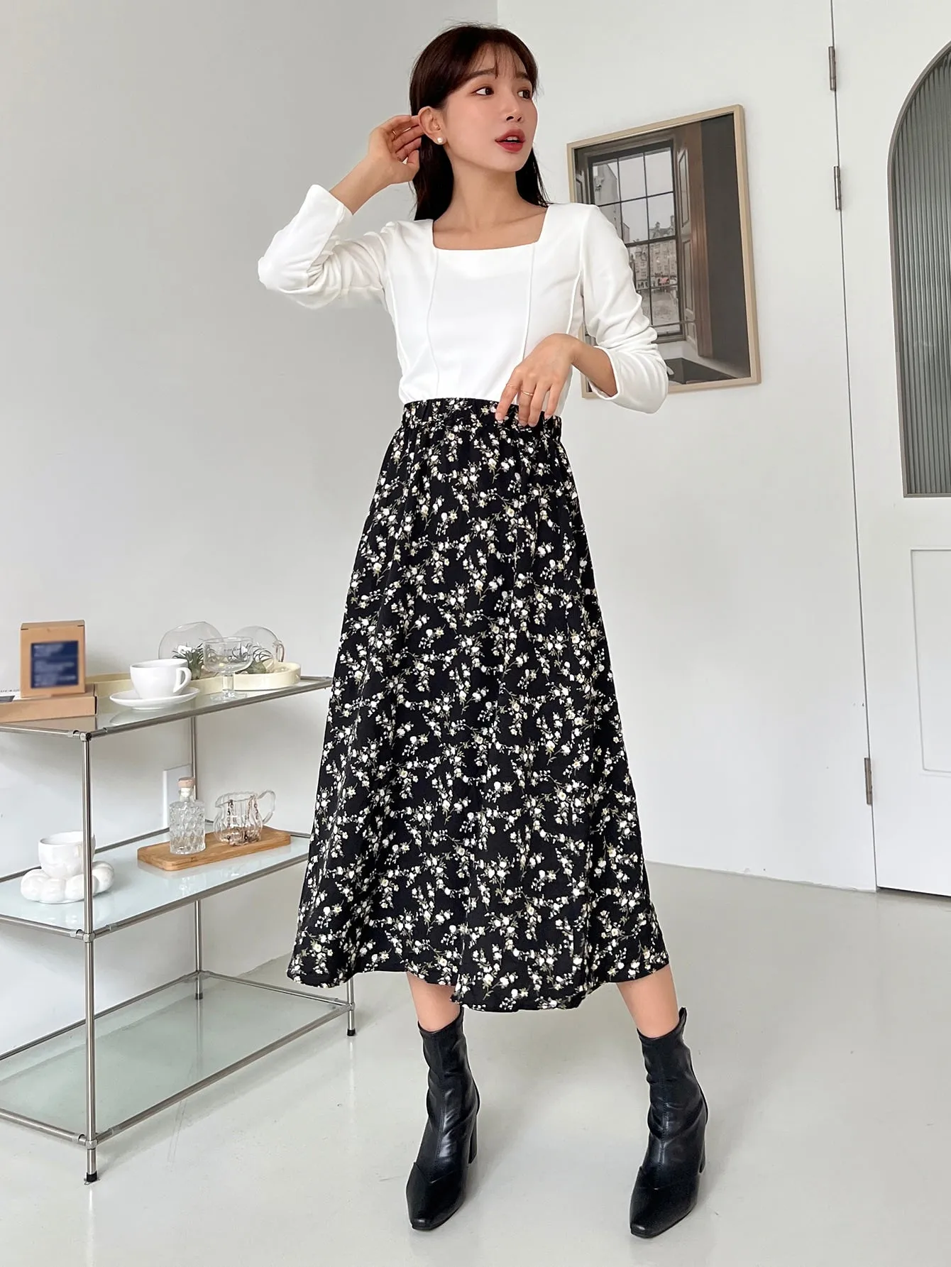 Ditsy Floral Print High Waist Skirt