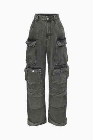 Donna - Multi Pocket Rolled Hem Woman's Wide Leg Cargo Jeans