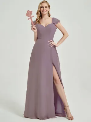 Dusk Ruffle Cap Sleeve Floor Length Chiffon Bridesmaid Dress With Slit