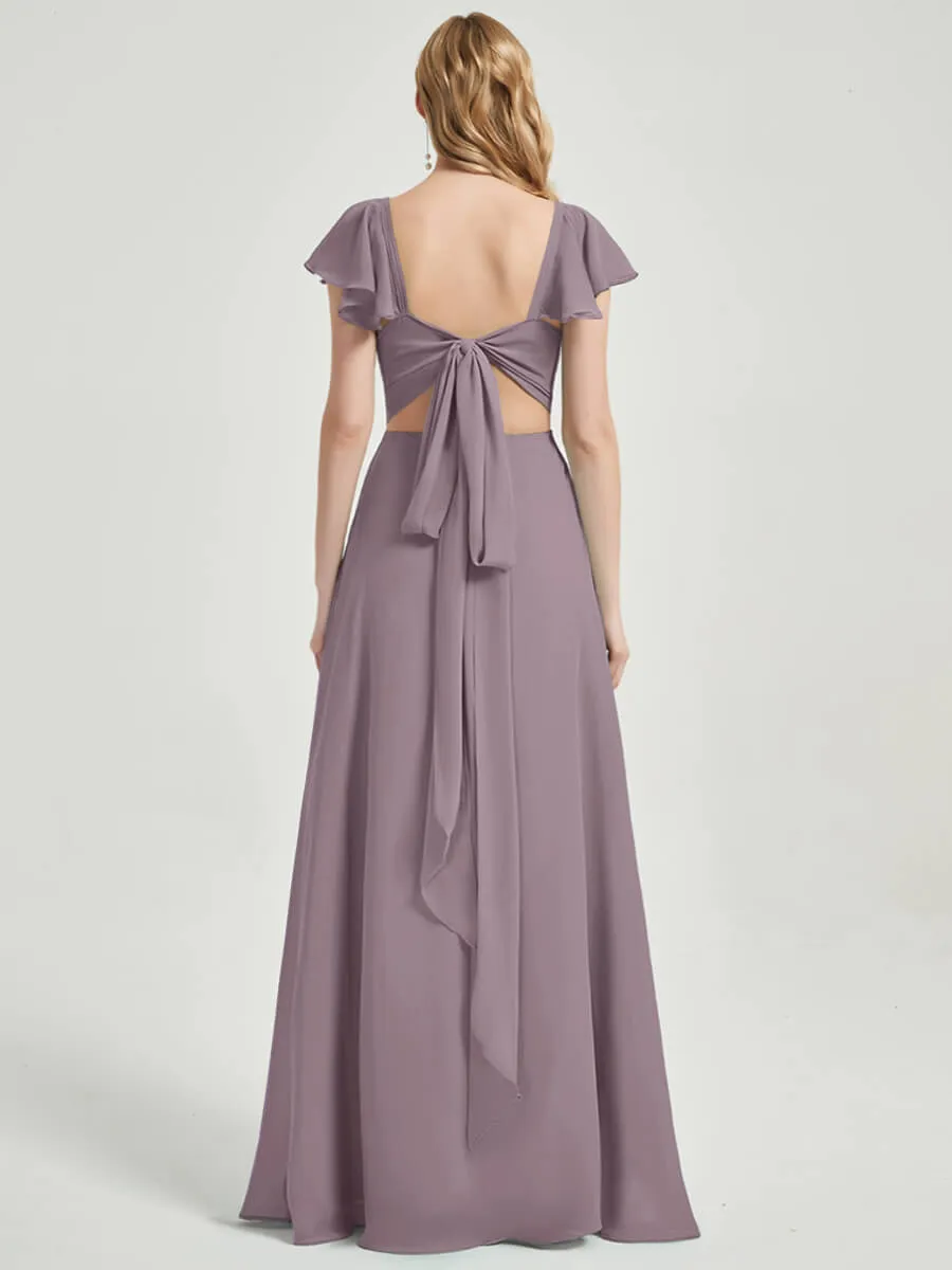 Dusk Ruffle Cap Sleeve Floor Length Chiffon Bridesmaid Dress With Slit