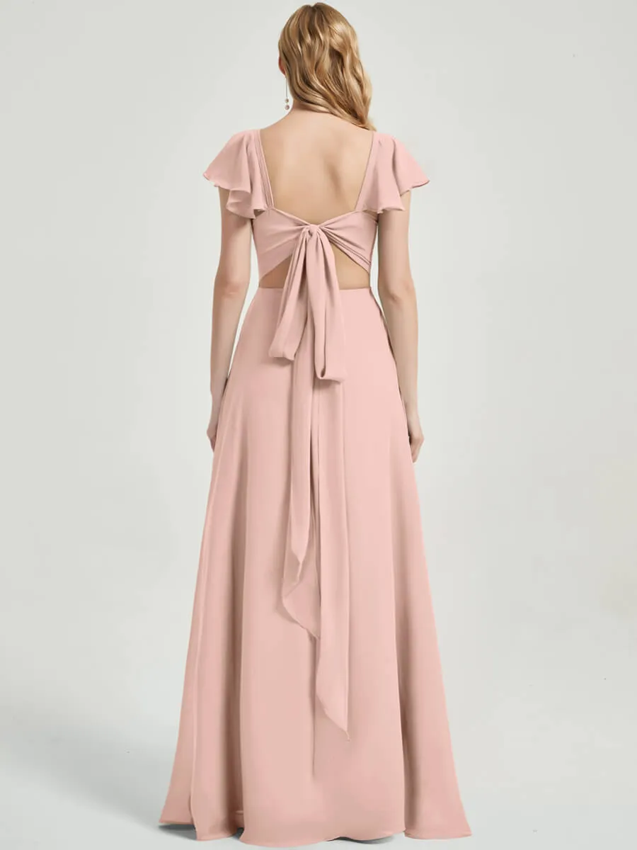 Dusty Pink Ruffle Cap Sleeve Maxi Chiffon Bridesmaid Dress With Slit