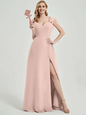 Dusty Pink Ruffle Cap Sleeve Maxi Chiffon Bridesmaid Dress With Slit