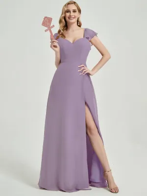 Dusty Purple Ruffle Cap Sleeve Maxi Chiffon Bridesmaid Dress With Slit