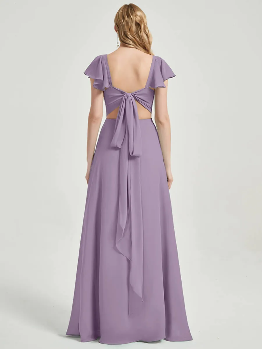 Dusty Purple Ruffle Cap Sleeve Maxi Chiffon Bridesmaid Dress With Slit