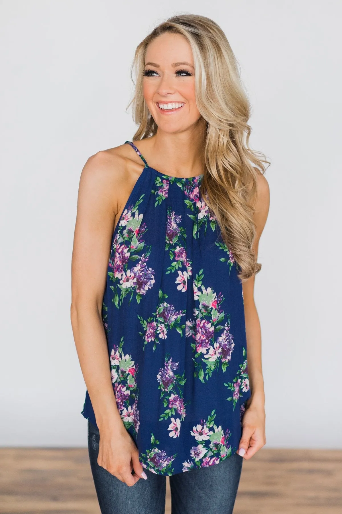Embrace the Floral Halter Tank Top- Admiral Blue