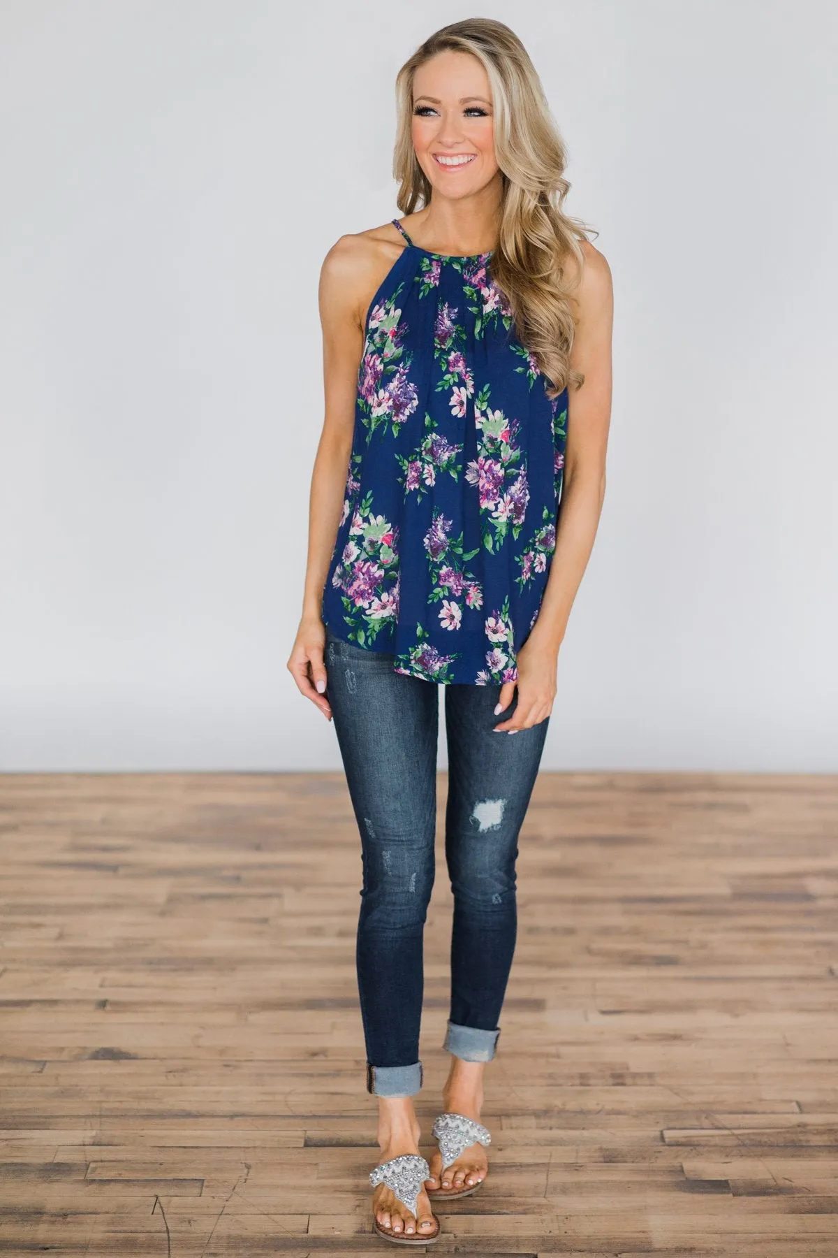 Embrace the Floral Halter Tank Top- Admiral Blue
