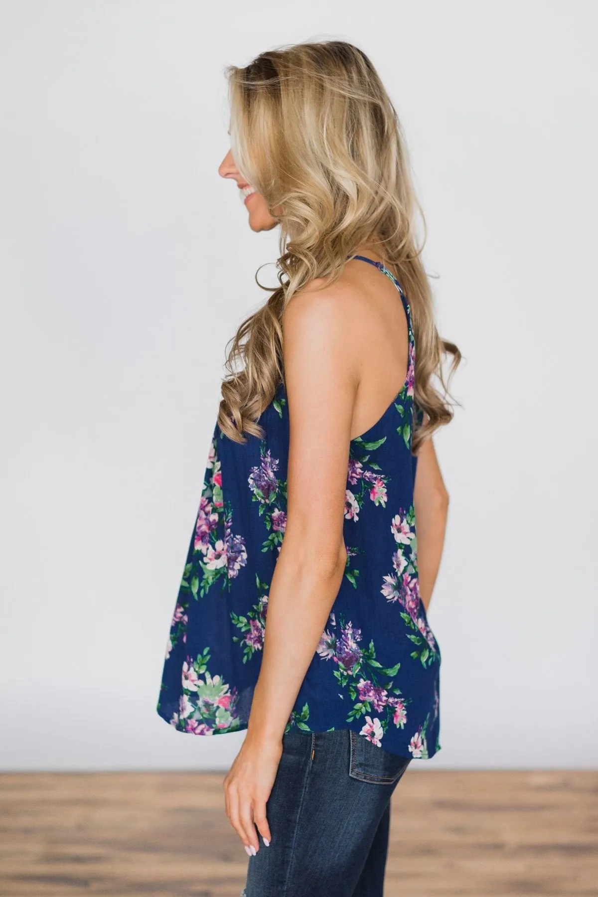 Embrace the Floral Halter Tank Top- Admiral Blue