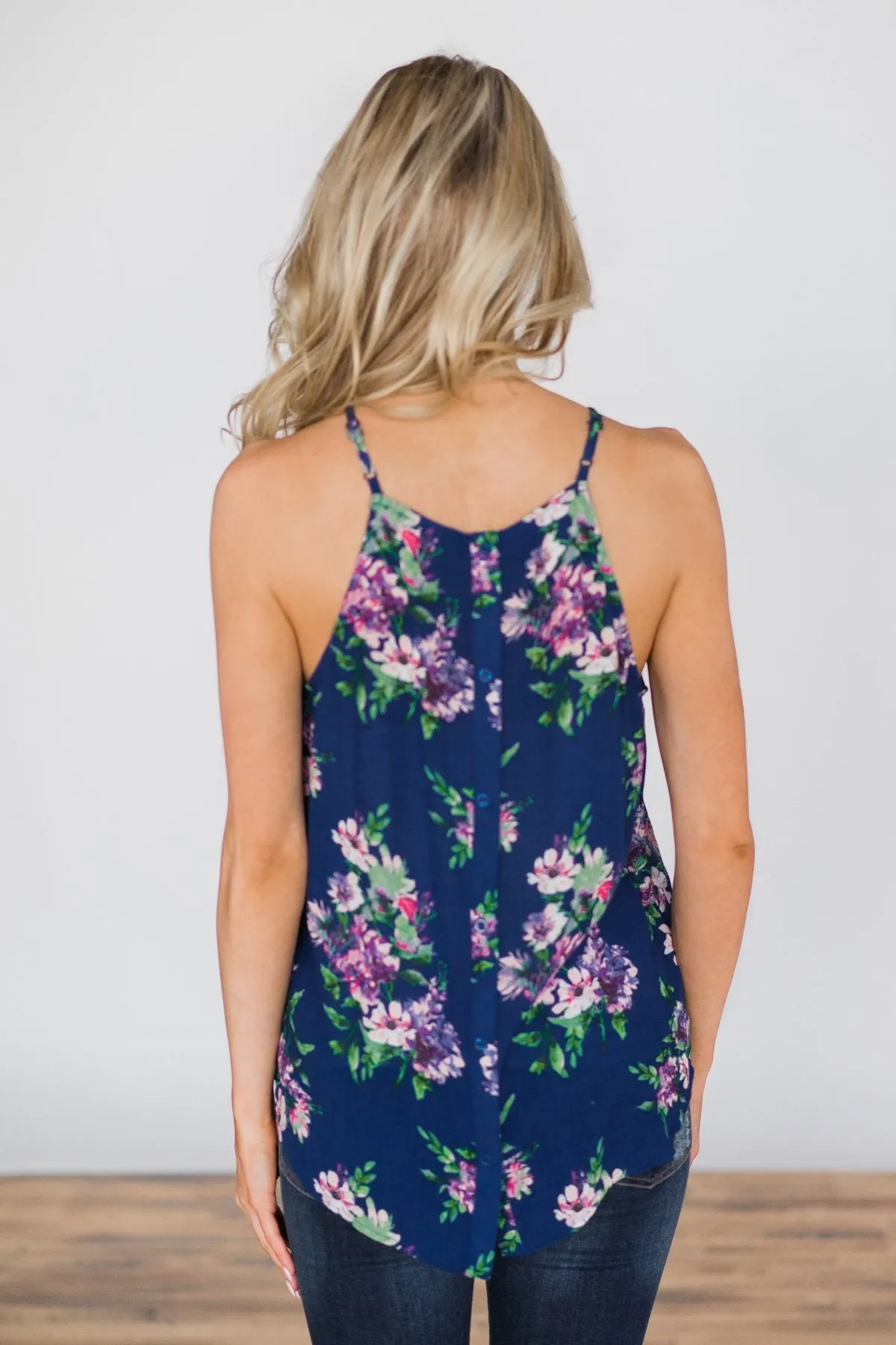 Embrace the Floral Halter Tank Top- Admiral Blue