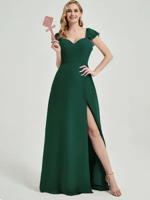 Emerald Green Ruffle Cap Sleeve Maxi Chiffon Bridesmaid Dress With Slit