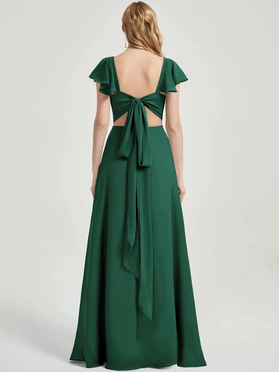 Emerald Green Ruffle Cap Sleeve Maxi Chiffon Bridesmaid Dress With Slit